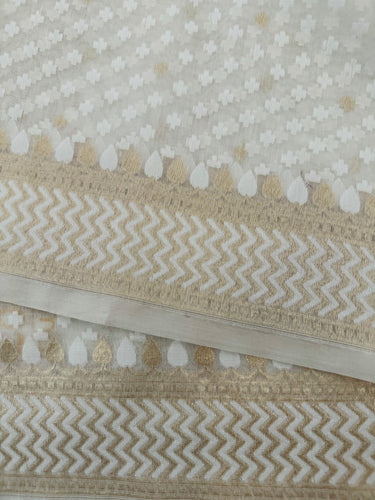 Banarasi Cotton Patola Saree | Off-White | Gold Zari | Handwoven | Ships from California